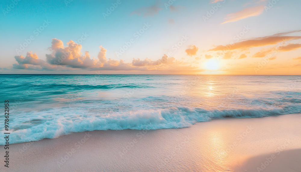 Fototapeta premium Crystal-clear turquoise waters with gentle waves lapping at a pristine beach under a golden sunset