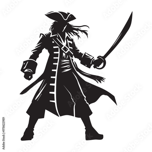 Pirate ClipArt Design - pirate with sword vector illustration in black and white
 