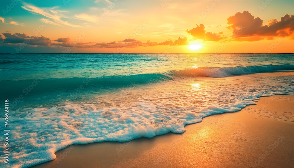 Crystal-clear turquoise waters with gentle waves lapping at a pristine beach under a golden sunset Crystal-clear turquoise waters with gentle waves lapping at a pristine beach under a golden sunset
