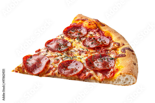 Original Pepperoni pizza slice isolated on transparent background, italian food traditional.