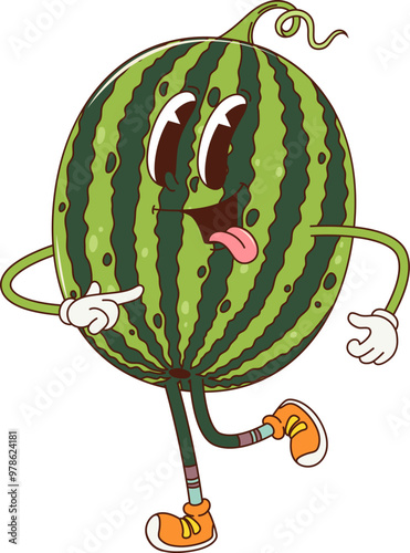 Cartoon retro groovy watermelon fruit character. Isolated vector quirky fruit personage with expressive eyes, sticking tongue and smiling face, cheerfully walking, exuding playful hippie summer vibes
