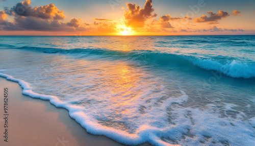 Crystal-clear turquoise waters with gentle waves lapping at a pristine beach under a golden sunset