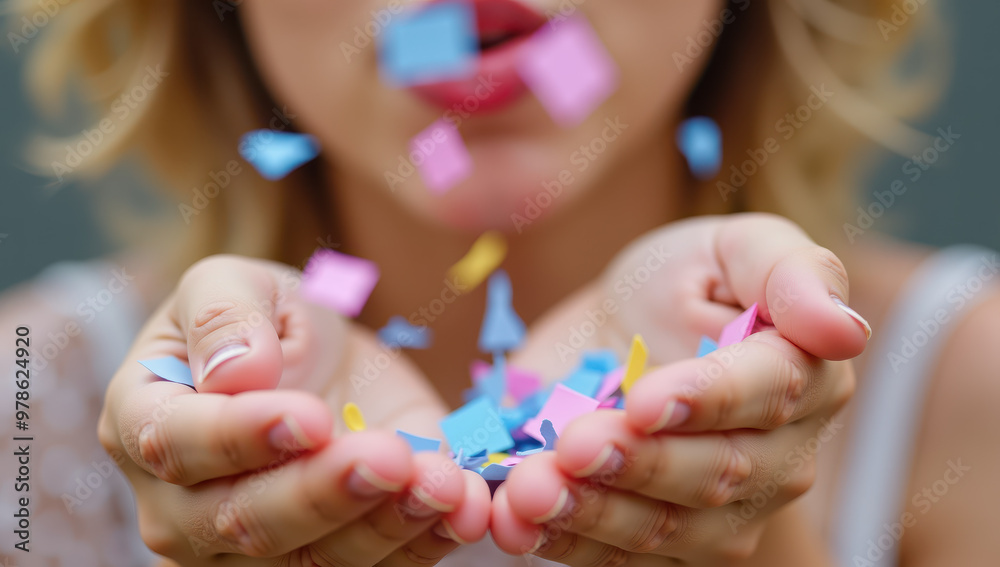 Close-up of woman blowing colorful confetti in motion, joyful celebration and festive moment with multicolor details Close-up of woman blowing colorful confetti in motion, joyful celebration and festive moment with multicolor details