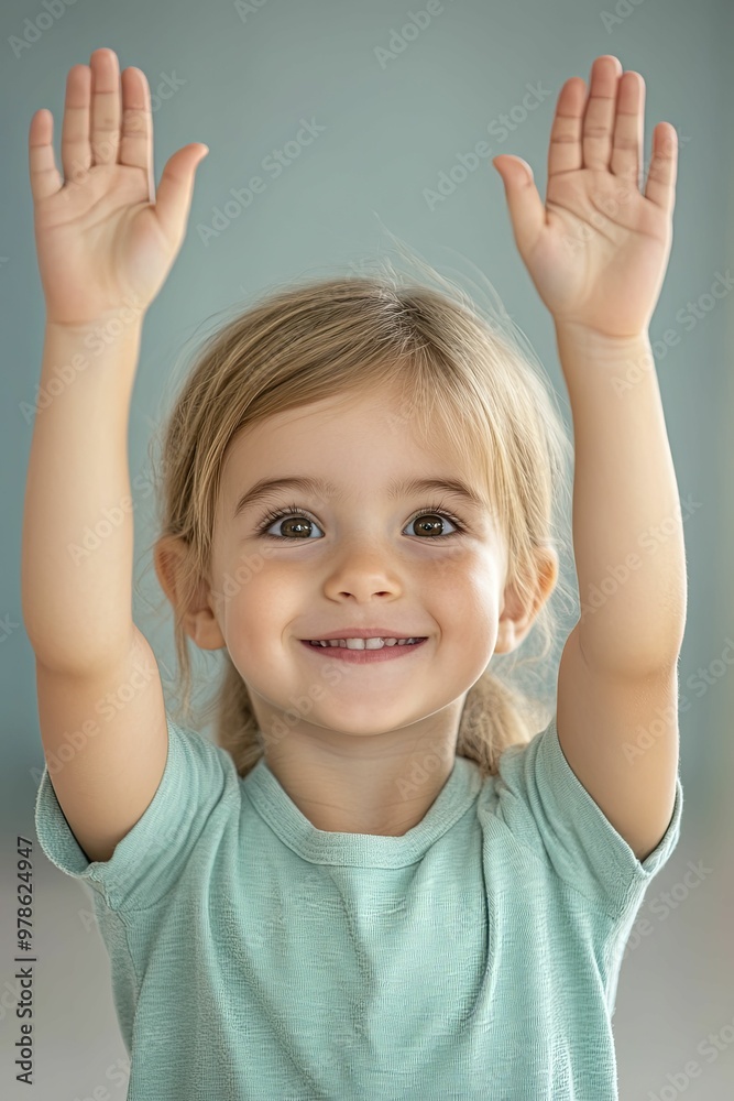 Joyful Little Girl Raising Hands in Playful Expression, Embracing Freedom and Happiness, Surrounded by Natures Beauty Joyful Little Girl Raising Hands in Playful Expression, Embracing Freedom and Happiness, Surrounded by Natures Beauty