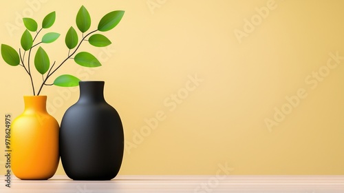 Bright and modern vases with greenery against a cheerful yellow background, perfect for home decor inspiration.