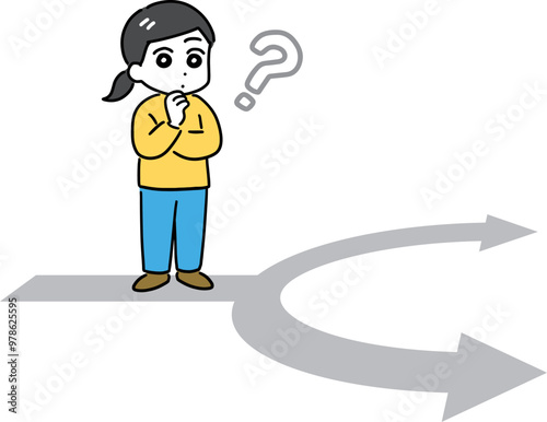分かれ道で考えている私服の女性