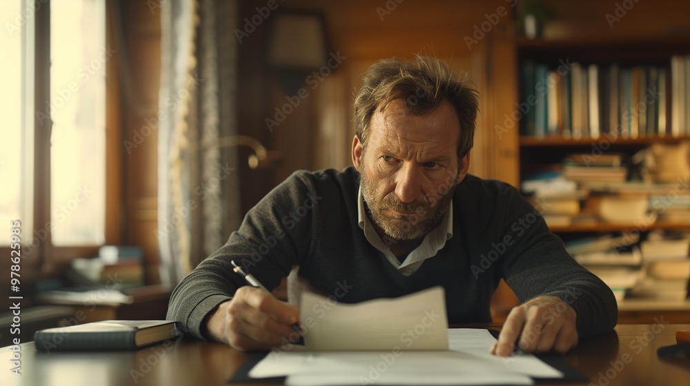 Obraz premium A businessman sitting at a desk, holding a pen while thoughtfully reviewing a document, symbolizing a business buyout.Corporate,professional,business,deal,merger and acquisition,private equity.AI.