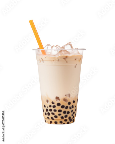 Perfect for marketing boba ice businesses or summer drinks, this plastic cup is filled to the brim with a pleasant brown beverage, ice, boba pearls, and a straw. Generative AI photo