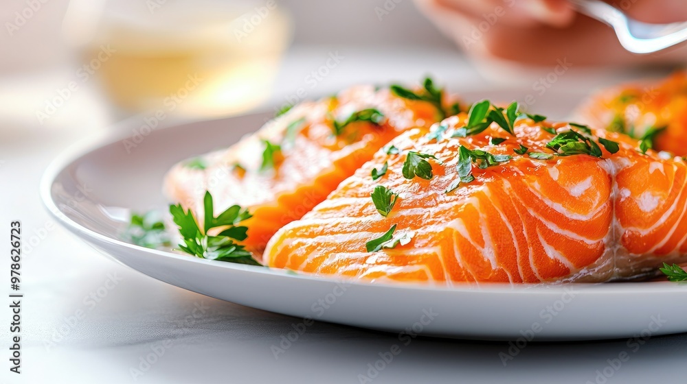 Deliciously cooked salmon fillet garnished with fresh herbs, ideal for healthy dining and gourmet recipes. Deliciously cooked salmon fillet garnished with fresh herbs, ideal for healthy dining and gourmet recipes.