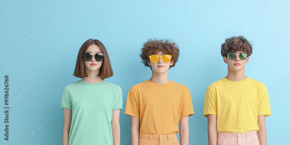 Trendy Young Friends Enjoying a Sunny Day Outdoors, Wearing Stylish Sunglasses and Sharing Laughter in a Lively Urban Environment Trendy Young Friends Enjoying a Sunny Day Outdoors, Wearing Stylish Sunglasses and Sharing Laughter in a Lively Urban Environment