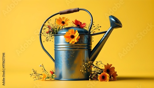 Vibrant array of watering cans adorned with colorful flowers against a cheerful yellow backdrop photo