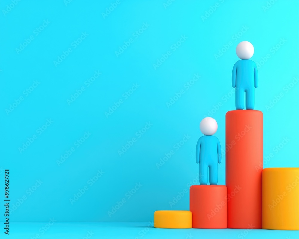 Two stylized figures stand atop colorful bars, representing growth, progress, and achievement against a bright blue backdrop.