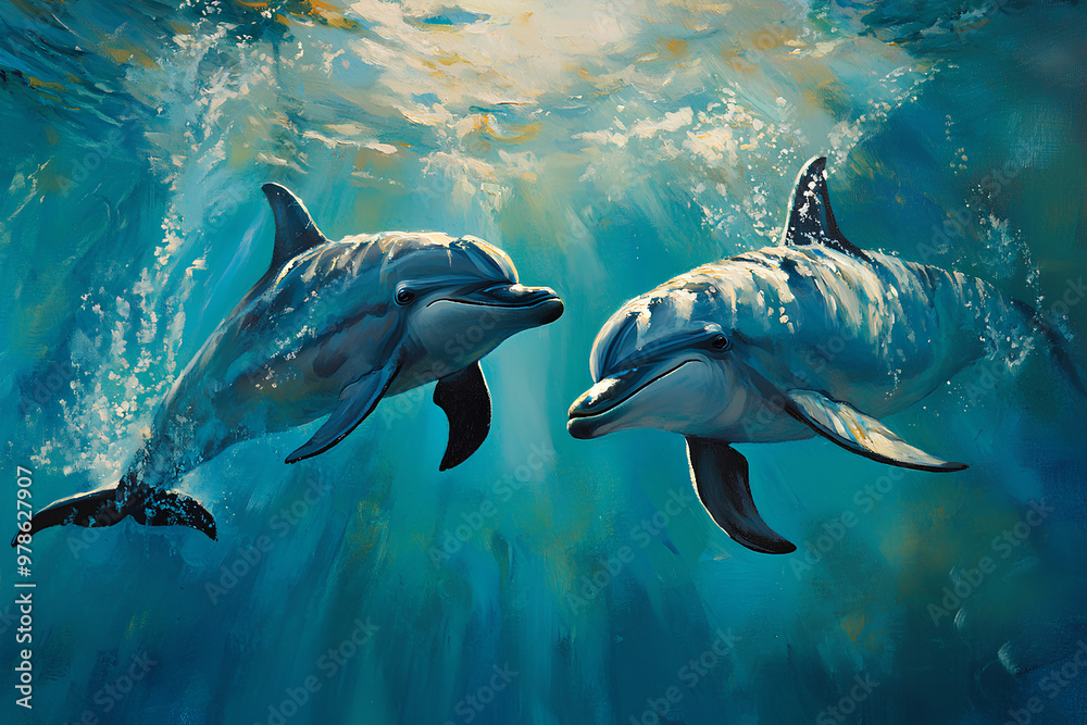 Fototapeta premium Two dolphins swimming gracefully underwater, showcasing marine life and beauty.