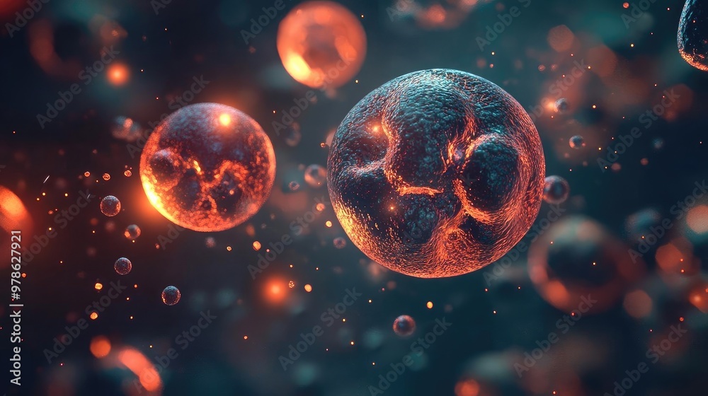 Naklejka premium Stunning abstract depiction of vibrant cells in a microscopic view, showcasing intricate details and glowing structures in biology.