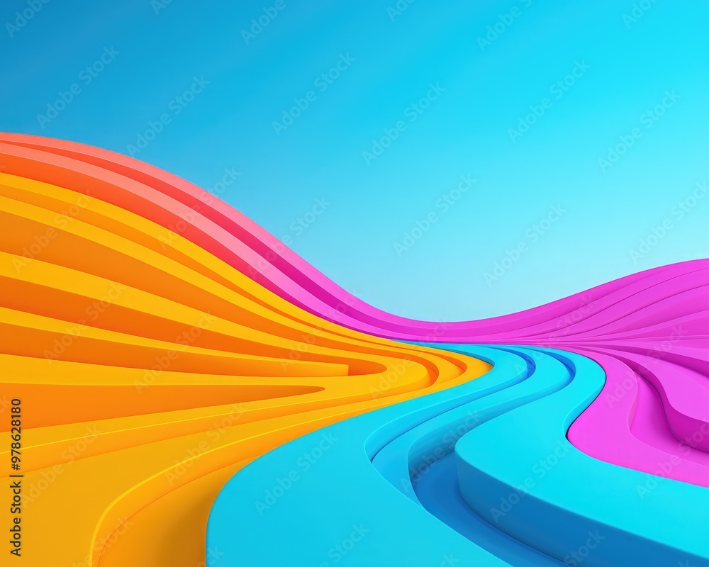 Vibrant, colorful wavy patterns under a bright blue sky, creating a lively and dynamic aesthetic for creative projects. Vibrant, colorful wavy patterns under a bright blue sky, creating a lively and dynamic aesthetic for creative projects.