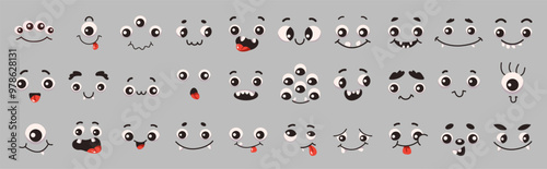 Funny monsters facial expression constructor flat color vector icon set. Weird creatures grimaces illustration pack on grey background
