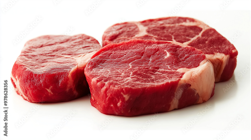 Raw beef steaks displayed on a clean white surface, perfect for food presentations, culinary arts, or butcher-related designs. Raw beef steaks displayed on a clean white surface, perfect for food presentations, culinary arts, or butcher-related designs.