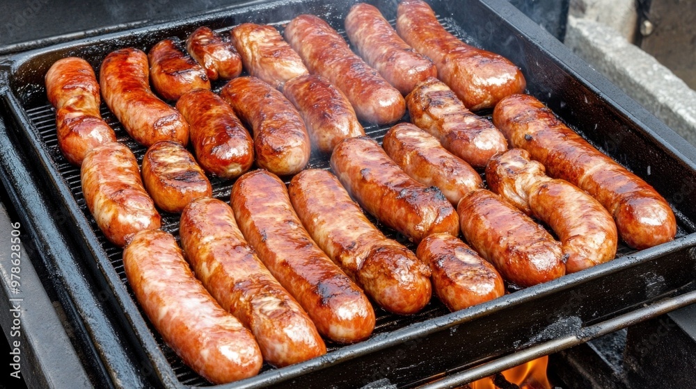 A large selection of sausages sizzle beautifully on a grill, absorbing smoky flavors on a warm, sunny day, creating a perfect atmosphere for a backyard gathering A large selection of sausages sizzle beautifully on a grill, absorbing smoky flavors on a warm, sunny day, creating a perfect atmosphere for a backyard gathering