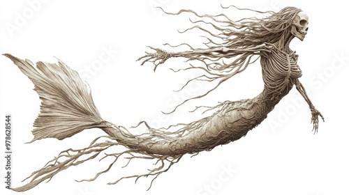 A haunting skeletal mermaid with long, flowing tendrils emerges, blending macabre and fantasy in a chilling depiction of an undead sea creature.