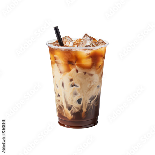 Iced milk coffee in plastic cups is suitable for coffee shop designs, summer drink restaurants, and social media content. Generative AI