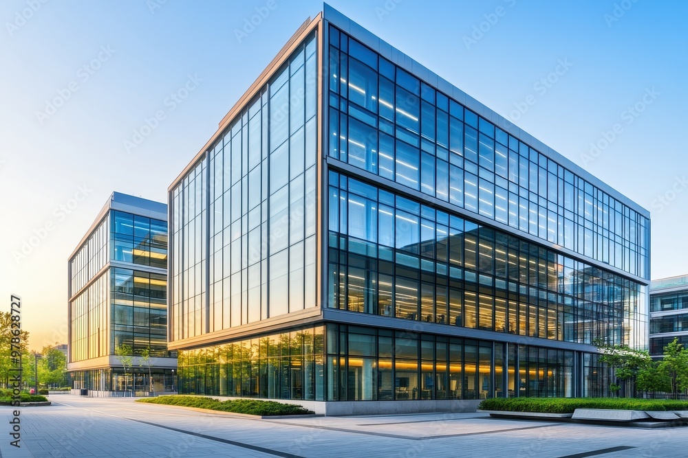Modern glass buildings reflecting sunlight in a landscaped urban environment.