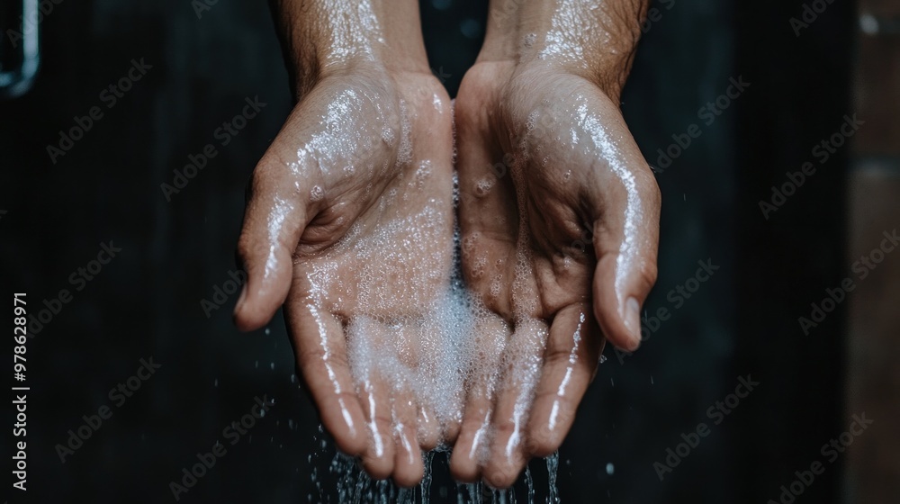 Fototapeta premium Two hands with soap bubbles are held under running water, illustrating the importance of hygiene and cleanliness in a contemporary bathroom environment