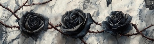 A captivating image of black roses against a textured gray background, symbolizing mystery and elegance in nature. photo