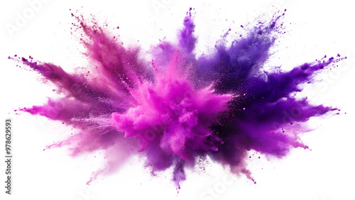 Vibrant explosion of purple and pink powder, isolated on a transparent or white background.