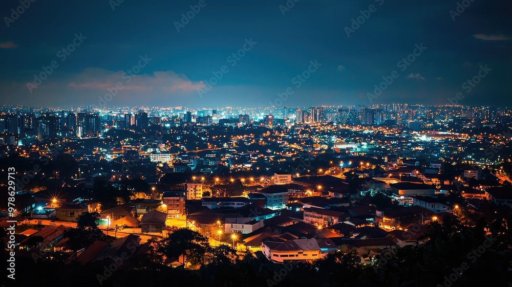 Obraz premium A breathtaking nighttime cityscape showcasing vibrant lights and urban life under a serene sky.