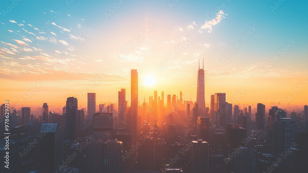 Fototapeta premium A breathtaking skyline at sunrise, showcasing the vibrant colors and silhouettes of towering skyscrapers against a clear sky.