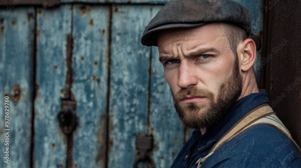 Standing against a weathered blue wooden wall, a man with a beard and cap exudes a rugged charm, capturing a moment filled with contemplation and character Standing against a weathered blue wooden wall, a man with a beard and cap exudes a rugged charm, capturing a moment filled with contemplation and character