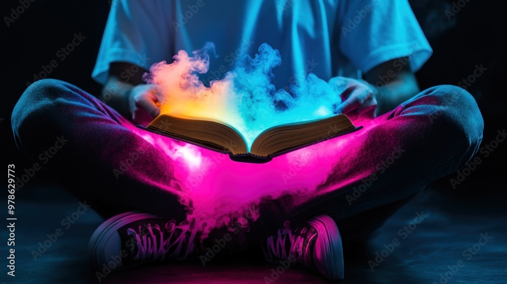 In a dark environment, a person sits cross-legged with an open book that emits a vibrant blue and orange light, surrounded by colorful mist, creating a mystical atmosphere In a dark environment, a person sits cross-legged with an open book that emits a vibrant blue and orange light, surrounded by colorful mist, creating a mystical atmosphere