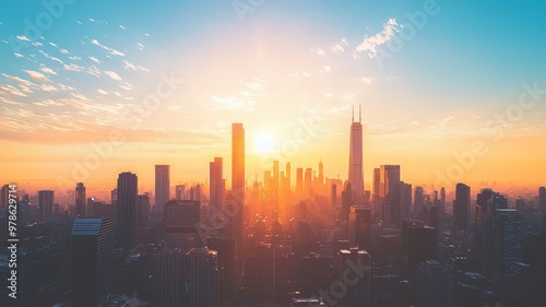 A breathtaking skyline at sunrise, showcasing the vibrant colors and silhouettes of towering skyscrapers against a clear sky.