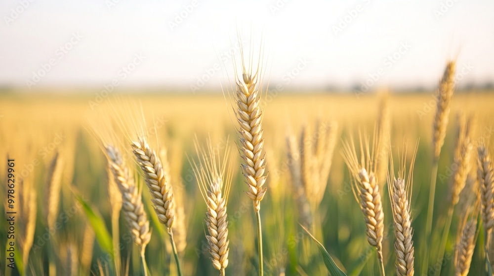 A vast expanse of golden wheat sways gently in the breeze, illuminated by warm late afternoon sunlight against a backdrop of a clear sky in a peaceful rural setting A vast expanse of golden wheat sways gently in the breeze, illuminated by warm late afternoon sunlight against a backdrop of a clear sky in a peaceful rural setting
