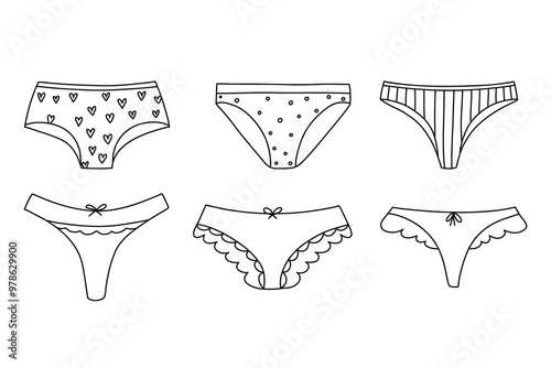 Set of women panties in doodle style. Collection of women underwear in linear style. Vector illustration.