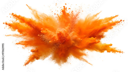 Vibrant orange powder explosion, creating dynamic and stunning visual effects. Isolated on a transparent or white background.
