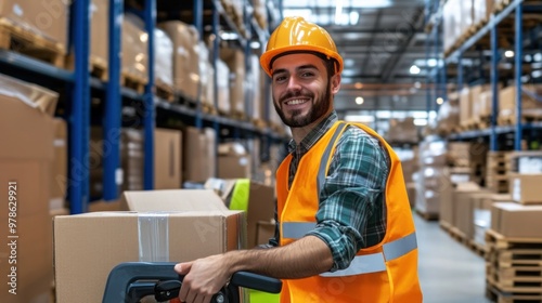 A warehouse worker wearing a hard hat and safety vest operates a hand truck, moving boxes in a bustling storage area filled with stacked goods and shelves