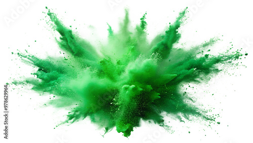 Vibrant green powder explosion creating a dynamic cloud effect on a dark background, isolated on a transparent or white background. photo