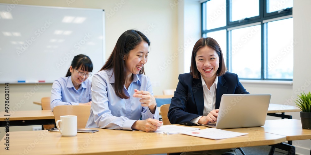 Two Female Asian Students Collaborating and Studying Together in Classroom With Laptop
