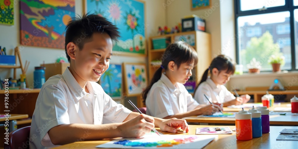 Fototapeta premium Creative Asian Schoolboys Expressing Themselves Through Art in Classroom