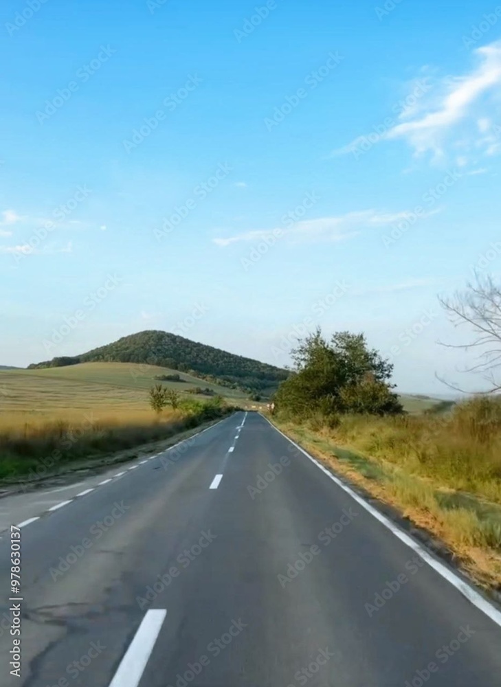 Fototapeta premium Scenic Road View: Open Fields, Trees, and Expansive Sky – Perfect for Travel and Nature Themes