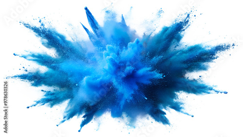 A striking blue explosion, showcasing vibrant colors and dynamic motion, isolated on a transparent or white background.
