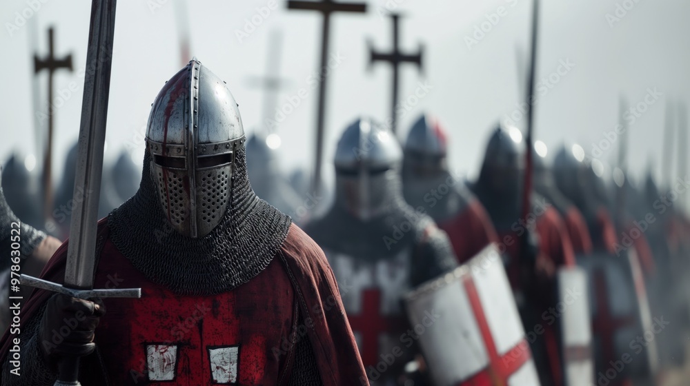 A group of armored knights advances purposefully through a misty ...