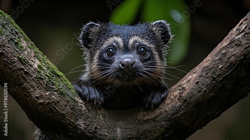 A curious Palawan Bearcat, a small, nocturnal mammal native to the Philippines, looks at the camera with large, dark eyes while perched on a tree branch. photo