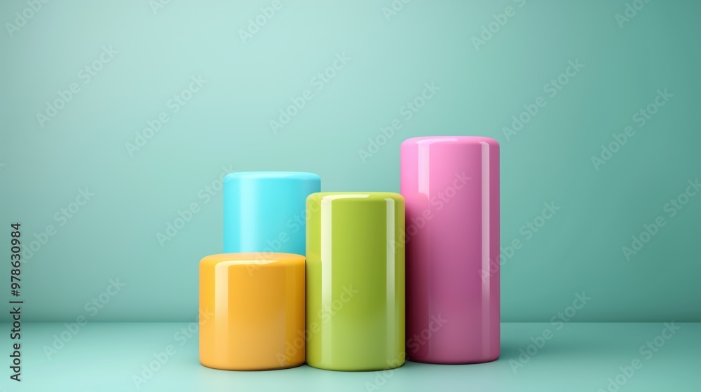 Brightly colored cylindrical shapes are arranged in varying heights on a smooth surface against a soft pastel background, creating a lively and modern atmosphere Brightly colored cylindrical shapes are arranged in varying heights on a smooth surface against a soft pastel background, creating a lively and modern atmosphere