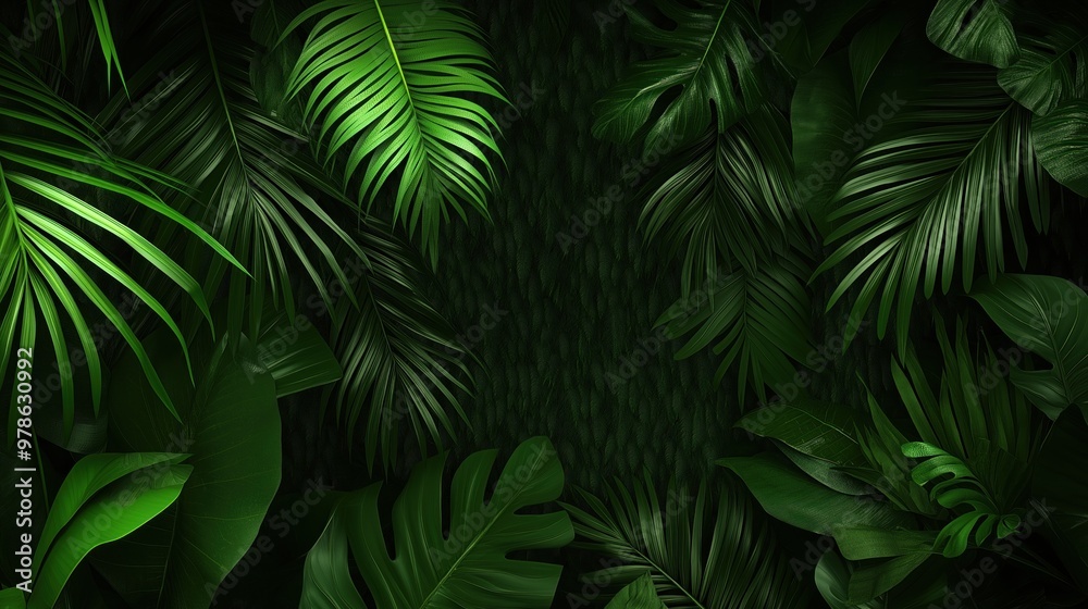 Vibrant green tropical leaves interweave to form a lush canopy in a shaded area, capturing the essence of a serene natural environment Vibrant green tropical leaves interweave to form a lush canopy in a shaded area, capturing the essence of a serene natural environment
