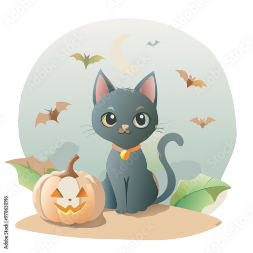 Cute Black Cat Halloween Illustration 