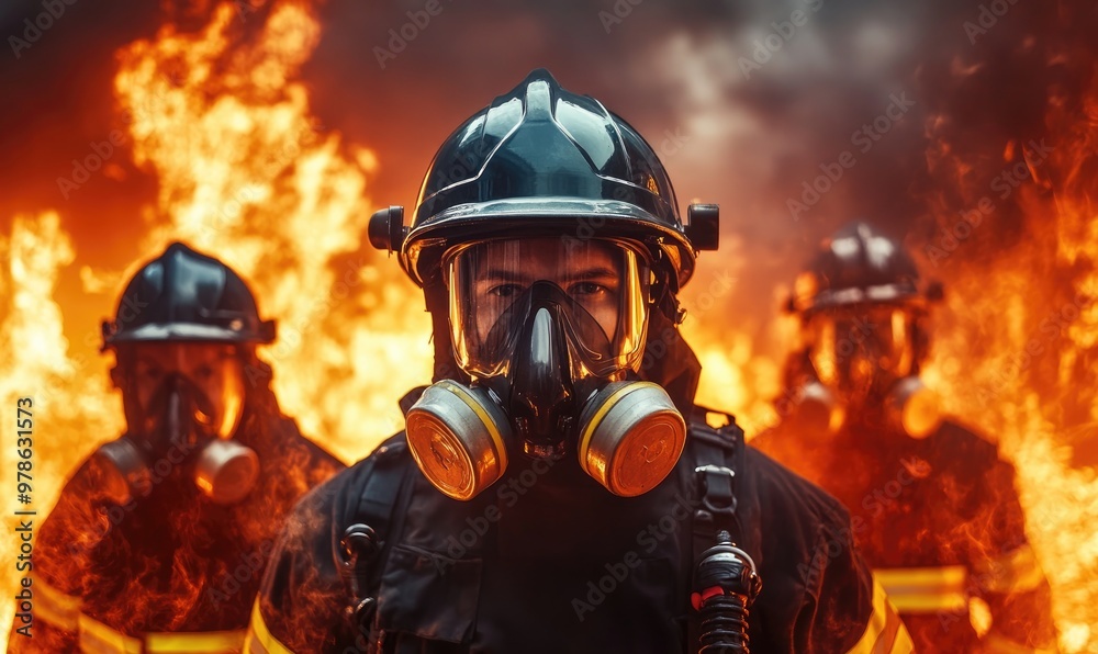 Portrait of firemen in uniform with breathing masks standing against fire Portrait of firemen in uniform with breathing masks standing against fire
