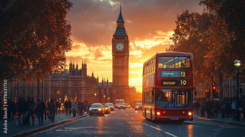 London Sunset with Big Ben and Double Decker Bus