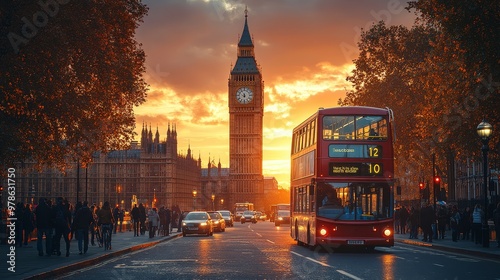 Obraz na płótnie London Sunset with Big Ben and Double Decker Bus w salonie